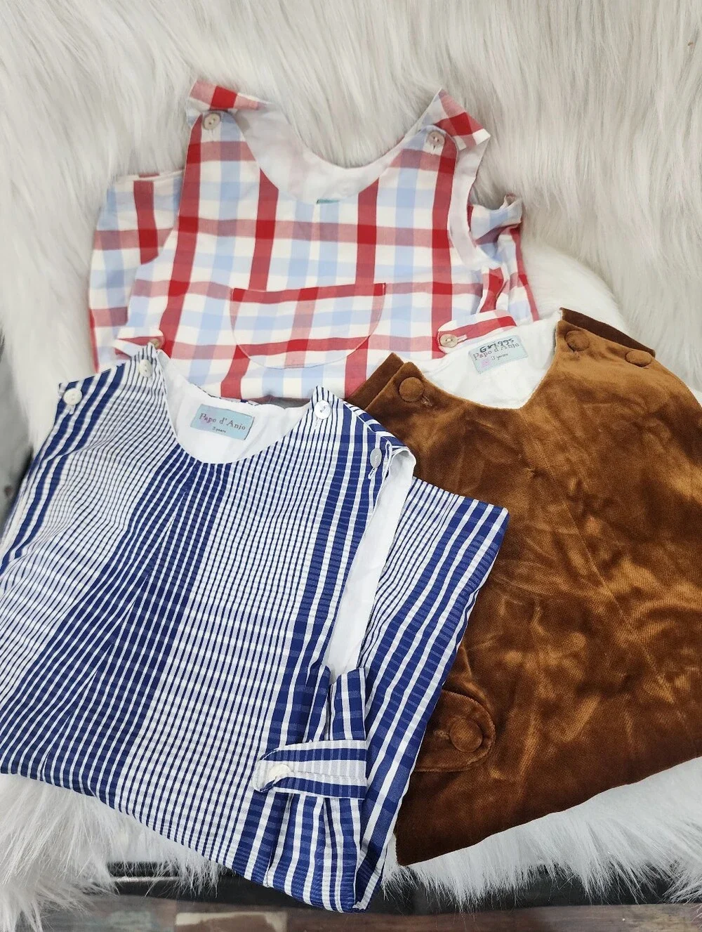 Papo d'Anjo Rompers, Size 3 Years, 3 Pieces, Blue Stripe, Red Plaid & Brown